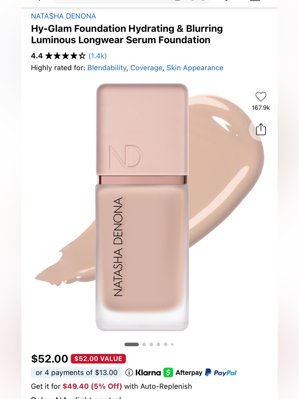 Natasha Denona HY-GLAM hydrating and blurring serum foundation in shade N4 - Picture 4 of 8